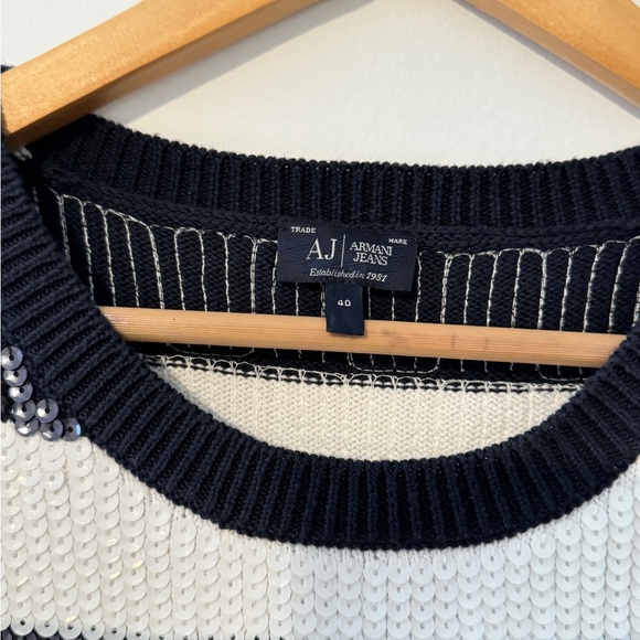 ARMANI JEANS BOLD STRIPE SEQUIN DETAIL JUMPER IN NAVY - Picture 6 of 6